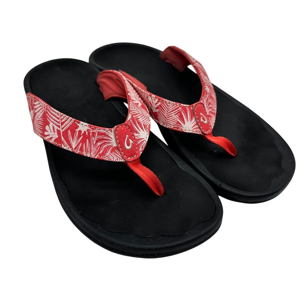 Olukai Ohana W Coral Red Tropical Palm Leaf Sun Print Flip Flop Sandals Womens 8